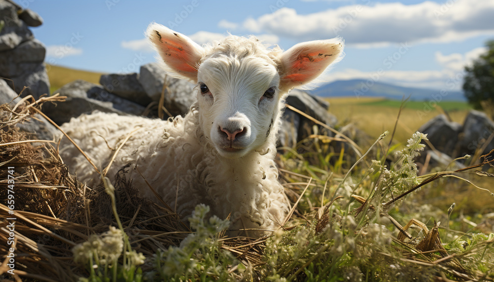 Fototapeta premium Cute young lamb grazing on green meadow, innocence in nature generated by AI