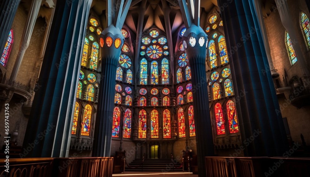 Majestic Gothic basilica with stained glass windows and illuminated altar generated by AI