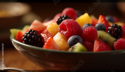 A colorful fruit salad on a wooden table for healthy eating generated by AI