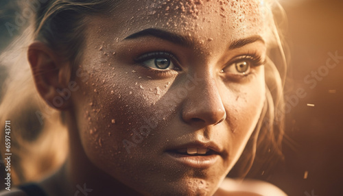 Smiling young woman enjoys the freshness of nature raindrop shower generated by AI