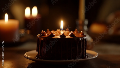 Baked chocolate dessert plate with candy decoration and candle flame generated by AI