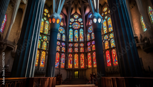 Majestic Gothic basilica with stained glass windows and illuminated altar generated by AI