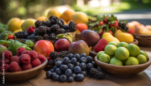 Fresh organic berry fruit collection on wooden table for healthy eating generated by AI