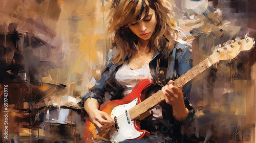 Stunning Oil Painting Liquid Art of A Beautiful Woman Guitar Player on The Canvas Abstract Background