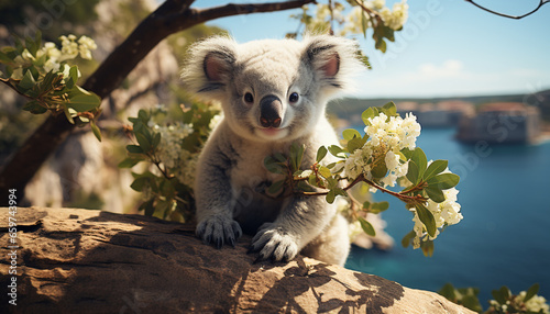 Cute koala sitting on a tree branch, looking at camera generated by AI © djvstock