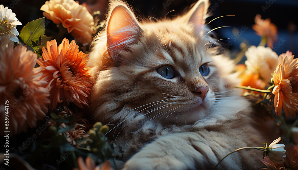 Cute kitten sitting on grass, playful, surrounded by beautiful flowers generated by AI