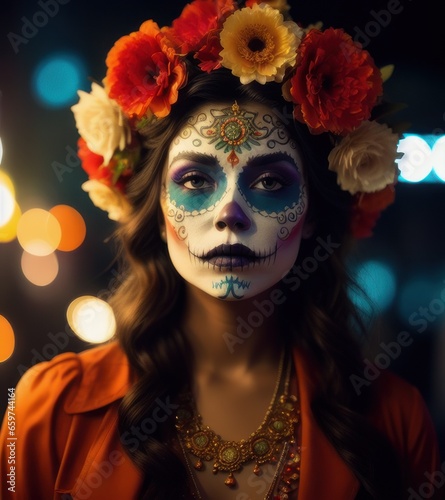 Beautiful woman dresses and paints her face It's a ghost mask for the festival of bringing the dead back to their home.