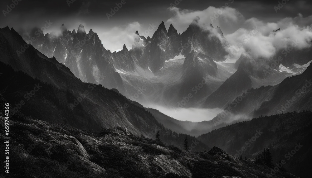 Majestic mountain range, dramatic sky, tranquil scene, mysterious atmosphere generated by AI
