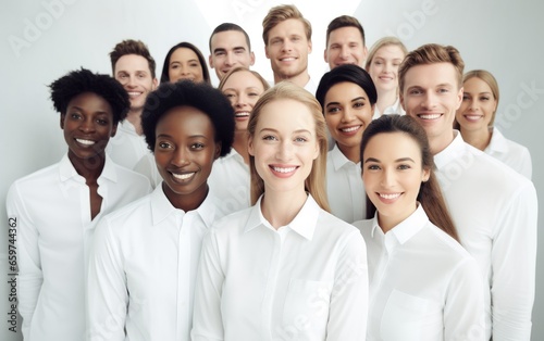 Group of smiling mixed skin people wearing white posing in a white office