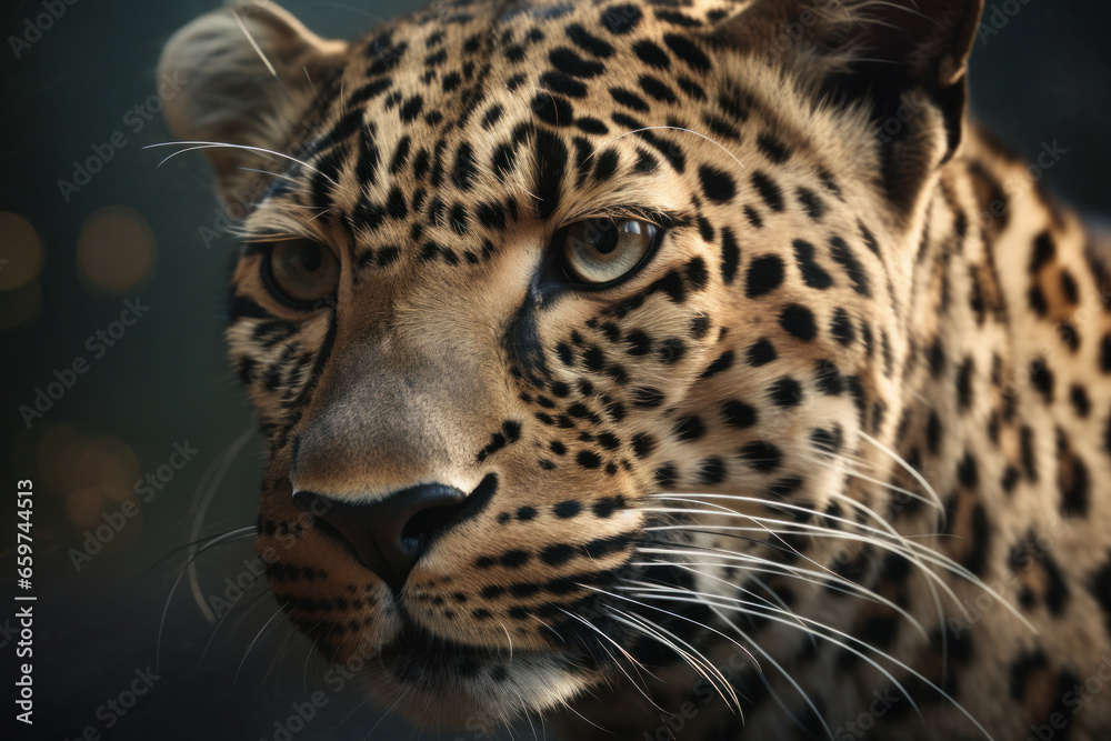 Powerful leopard with majestic appearance and agile movements in the safari. Endangered species conservation and biodiversity concept. AI generated close-up image. Powerful leopard with majestic appearance and agile movements in the safari. Endangered species conservation and biodiversity concept. AI generated close-up image.