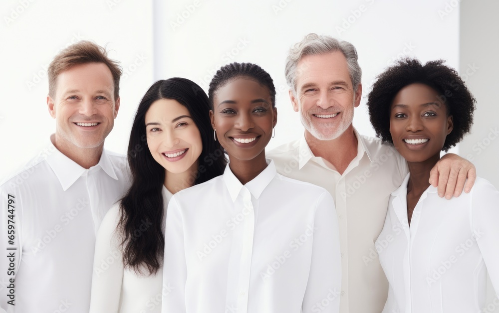 Group of smiling mixed skin people wearing white posing in a white office Group of smiling mixed skin people wearing white posing in a white office