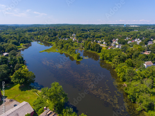 Assabet River aerial view in summer near historic town center of Hudson  Massachusetts MA  USA. 