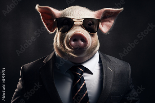 a cute pig wearing sunglasses and a suit with a tie © Salawati