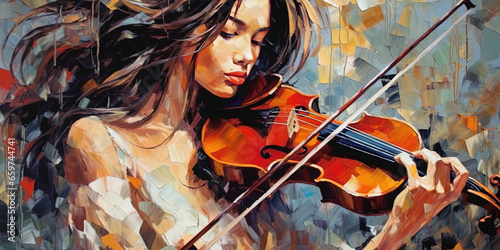 Liquid Oil Painting in Oil Mixed Style Brush Stroke of Beautiful Young Girl Play Violin Vibrant Abstract Art