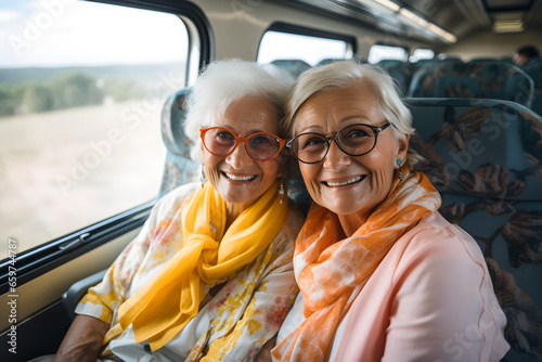 two happy senior retired women travelling on train together - Aged friends enjoying summer vacation