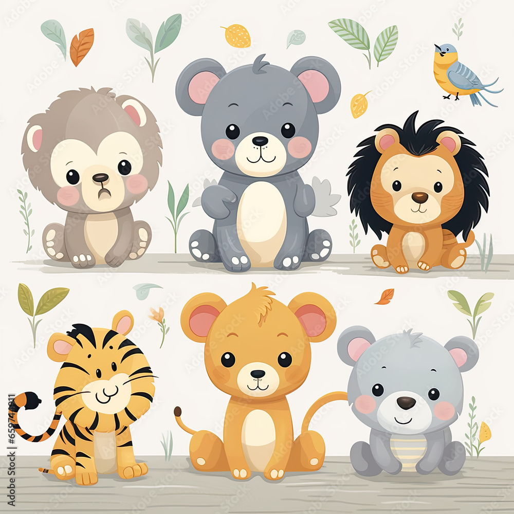 Seven Cute Cartoon Animals Illustration