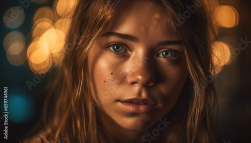 Beautiful young woman with brown hair looking sensually at camera generated by AI