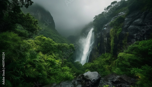 Majestic mountain range  tranquil scene  flowing water  natural beauty generated by AI