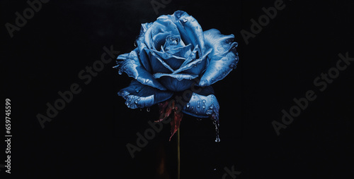 a frozen dead blue rose oil painting ice cold cool color, blue rose on black background. Generative Ai content