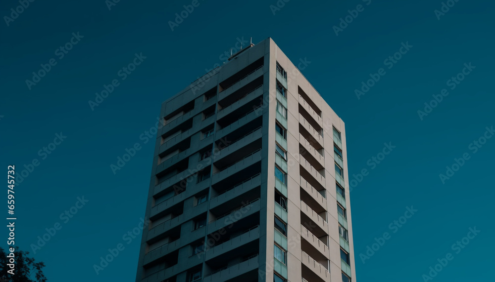 A futuristic skyscraper reflects the clear blue sky at dusk generated by AI A futuristic skyscraper reflects the clear blue sky at dusk generated by AI