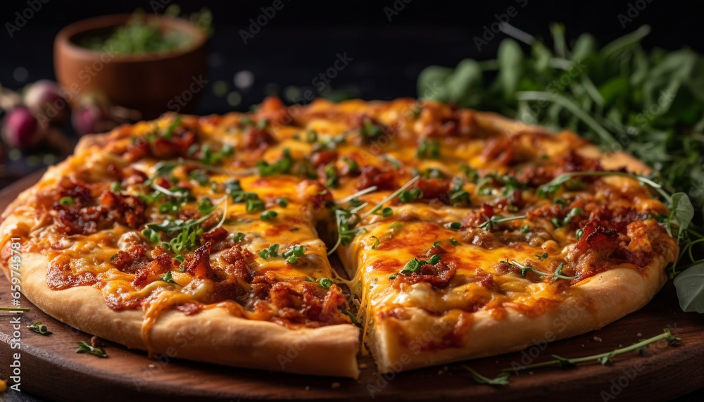 Freshly baked gourmet pizza with mozzarella, meat, and vegetables generated by AI