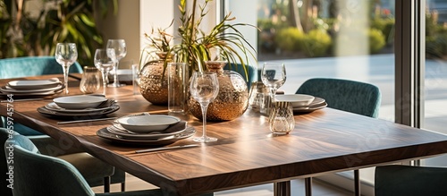 Modern home with elegant table setting has comfortable chairs and a dining table