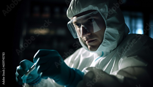The scientist, wearing protective workwear, is analyzing liquid indoors generated by AI
