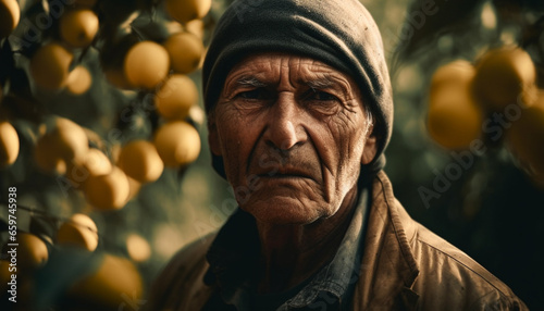Serious farmer, wrinkled and sad, looking at fruit in poverty generated by AI