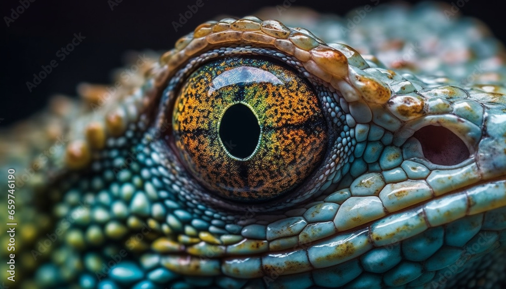 Fototapeta premium The horned viper dangerous eye stares into the camera lens generated by AI