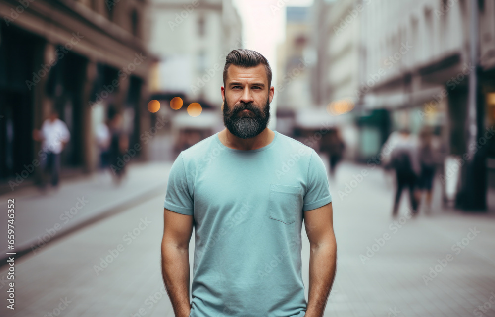 A bearded man in a light blue t-shirt in the city