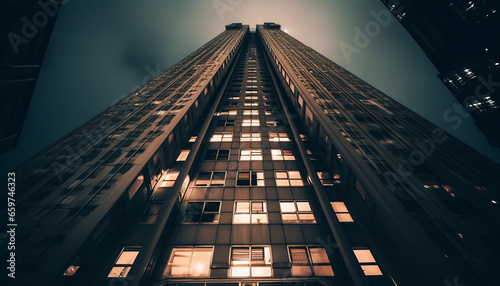 Modern skyscraper illuminates city skyline with futuristic steel design generated by AI