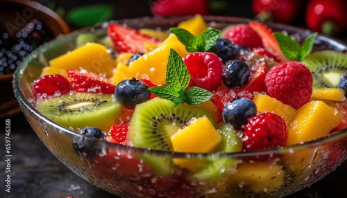 Fresh fruit salad with blueberries  raspberries  and strawberries gourmet delight generated by AI