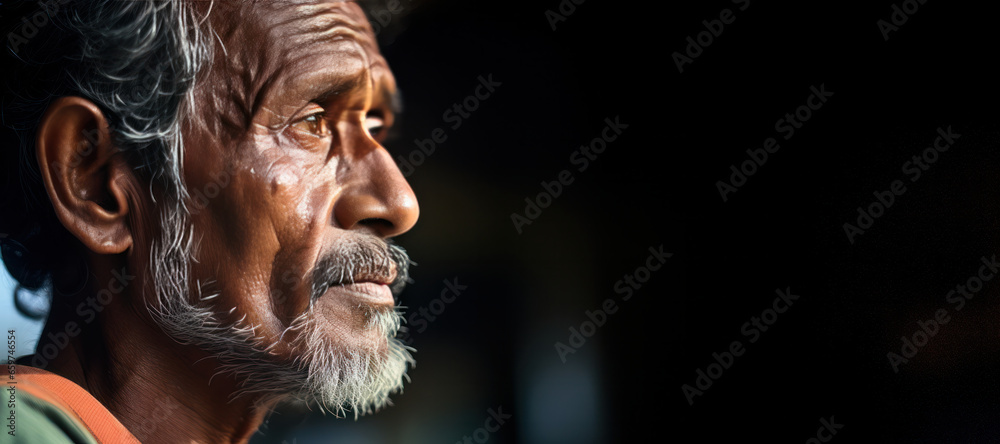 Side profile of an old Indian man with copy space