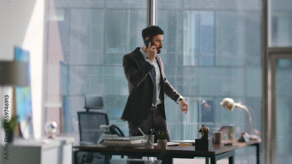 Manager feeling stress calling partners discussing business loss at office.