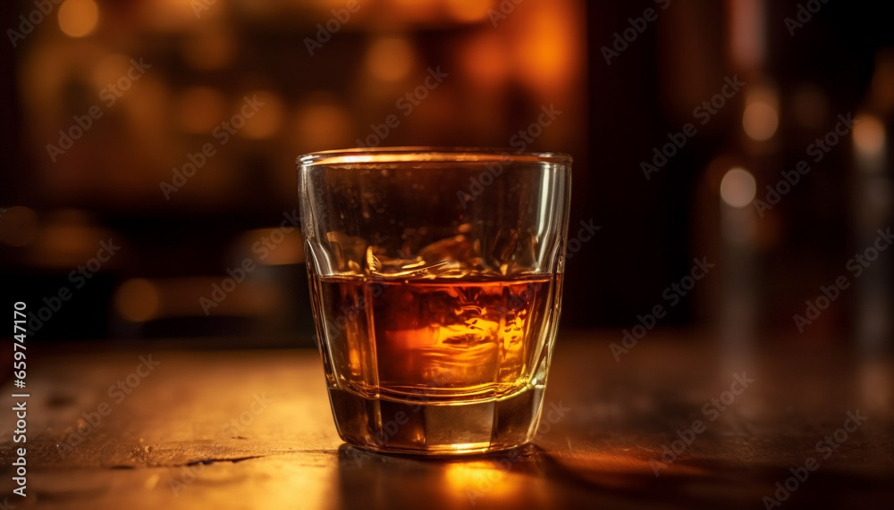 A luxurious whiskey cocktail on a bar counter at night generated by AI