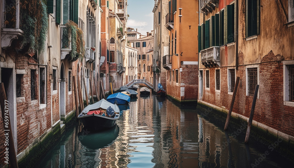 Majestic Venetian architecture illuminated by sunset over tranquil canal waterfront generated by AI