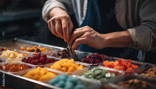 One person preparing healthy gourmet meal with fresh fruit variation generated by AI