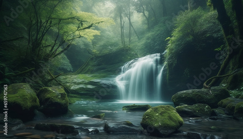 Tranquil scene of a tropical rainforest with flowing water and green foliage generated by AI