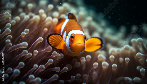 Colorful clown fish swim in vibrant coral reef, underwater adventure generated by AI
