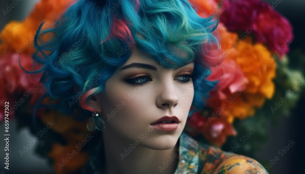Beautiful young woman with curly blue hair, looking sensually at camera generated by AI Beautiful young woman with curly blue hair, looking sensually at camera generated by AI
