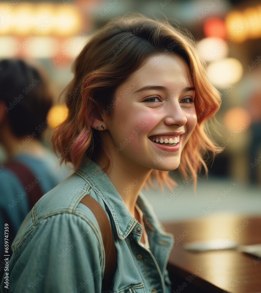 Obraz premium Beautiful young women in trending pastel shirt smiling with blurred background