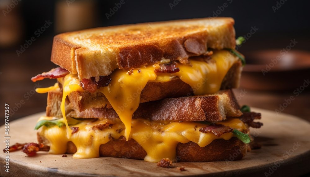 Toasted sandwich with grilled beef, cheddar cheese, and melting onions generated by AI Toasted sandwich with grilled beef, cheddar cheese, and melting onions generated by AI