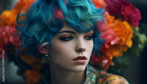 Beautiful young woman with curly blue hair, looking sensually at camera generated by AI
