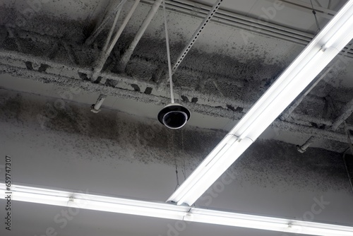 Department Store Security Camera and Linear LED Lights on Ceiling