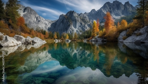 Panoramic autumn landscape, majestic mountain range, tranquil reflection lake generated by AI