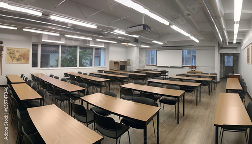 Large modern auditorium with empty desks in a row and no people generated by AI