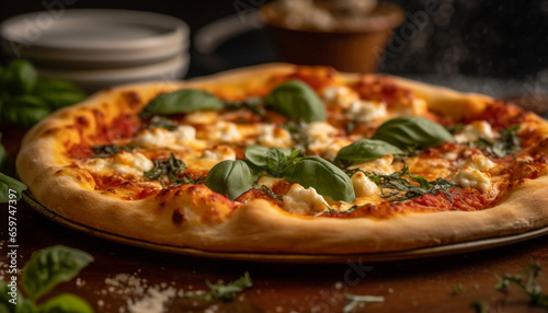 Foreground focus on rustic homemade margherita pizza with fresh mozzarella generated by AI