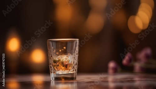Luxury whiskey in crystal glass, on wooden table, at bar generated by AI photo