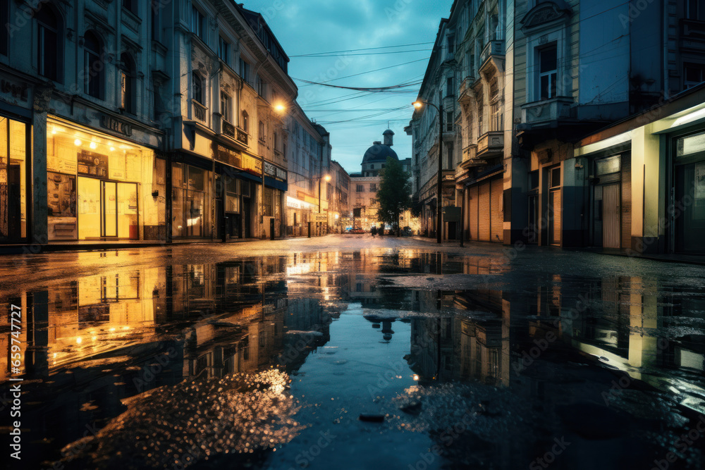 Flooded streets after a heavy rain in the evening in a city.