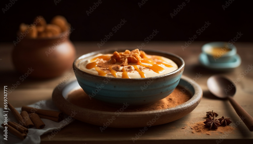 Organic pumpkin mousse with almond granola and honey sauce indulgence generated by AI Organic pumpkin mousse with almond granola and honey sauce indulgence generated by AI